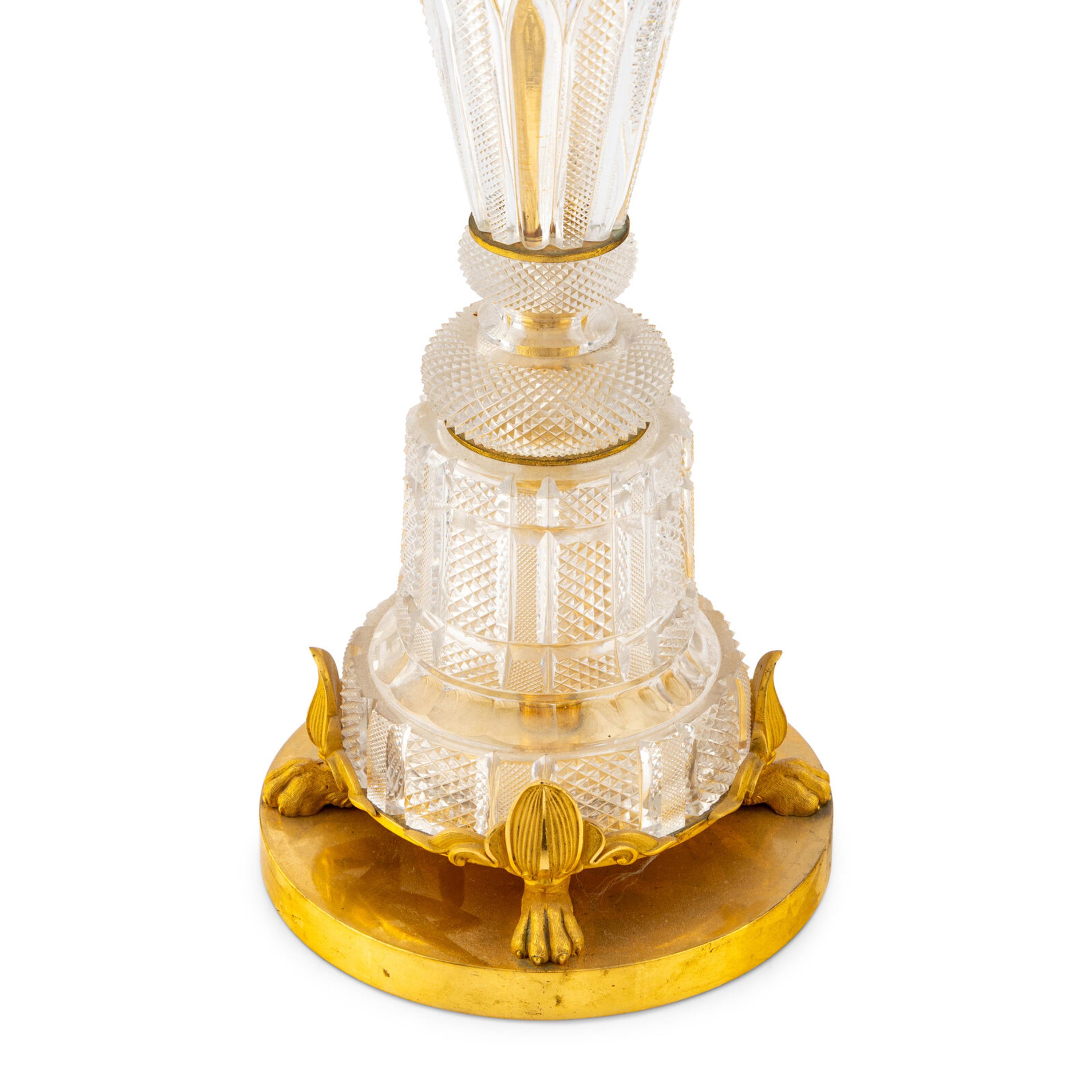 A Pair Regency Ormolu Mounted Cut-Glass Three-Light Candelabra