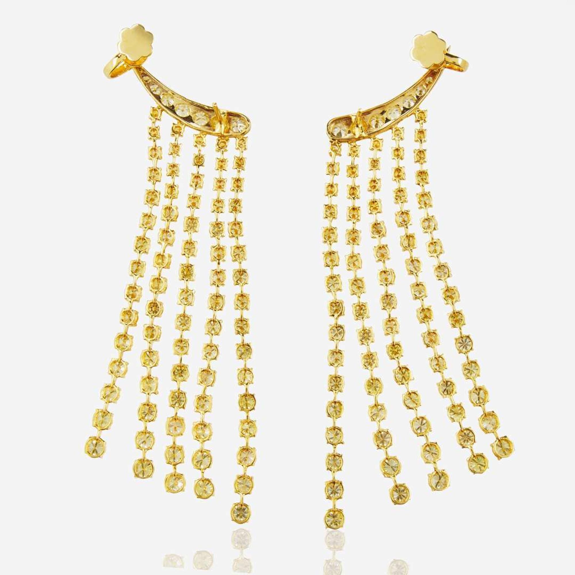 A Pair of 18K Yellow Gold and Diamond Earrings