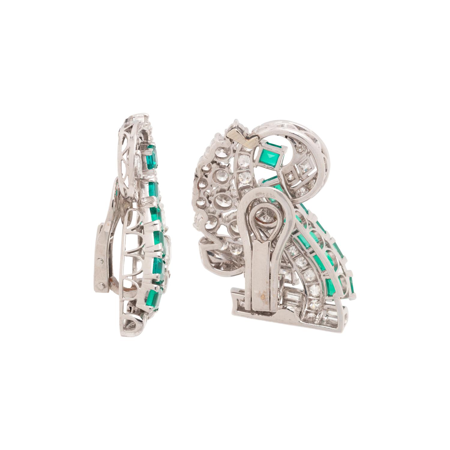 VINTAGE, EMERALD AND DIAMOND EARCLIPS
