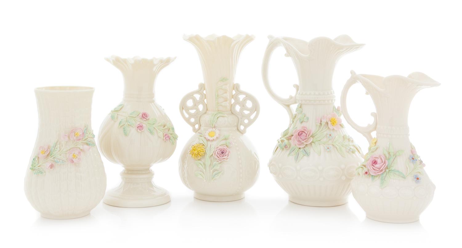 Five Belleek Articles Height of tallest 9 inches. — FIFTH GREEN MARK THROUGH SEVENTH GOLD MARK (1955-1993)