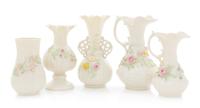 Five Belleek Articles Height of tallest 9 inches. — FIFTH GREEN MARK THROUGH SEVENTH GOLD MARK (1955-1993)
