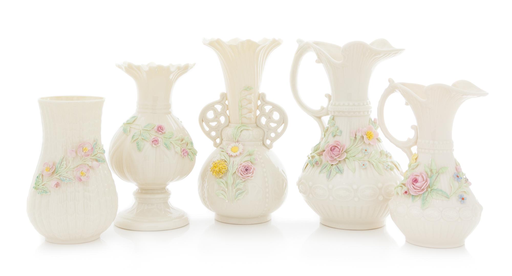 Five Belleek Articles Height of tallest 9 inches. — FIFTH GREEN MARK THROUGH SEVENTH GOLD MARK (1955-1993)