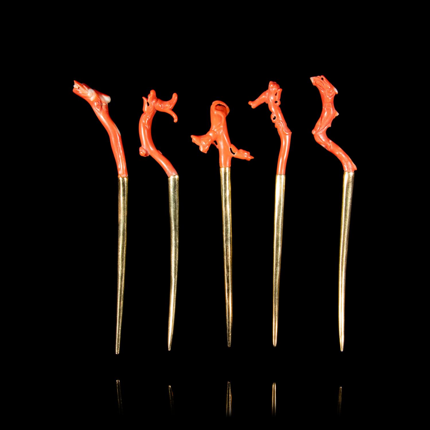 Five Red Coral Mounted 24K Gilt Hairpins, Zan, 20th Century