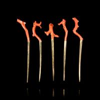 Five Red Coral Mounted 24K Gilt Hairpins, Zan, 20th Century
