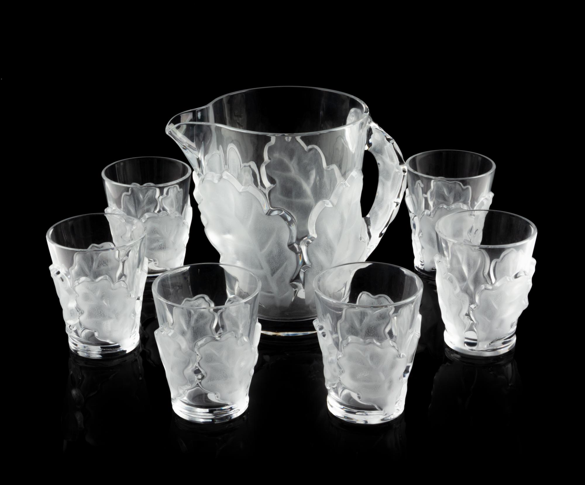 Lalique, France, Mid 20th Century, Chene Pitcher and Six Glasses