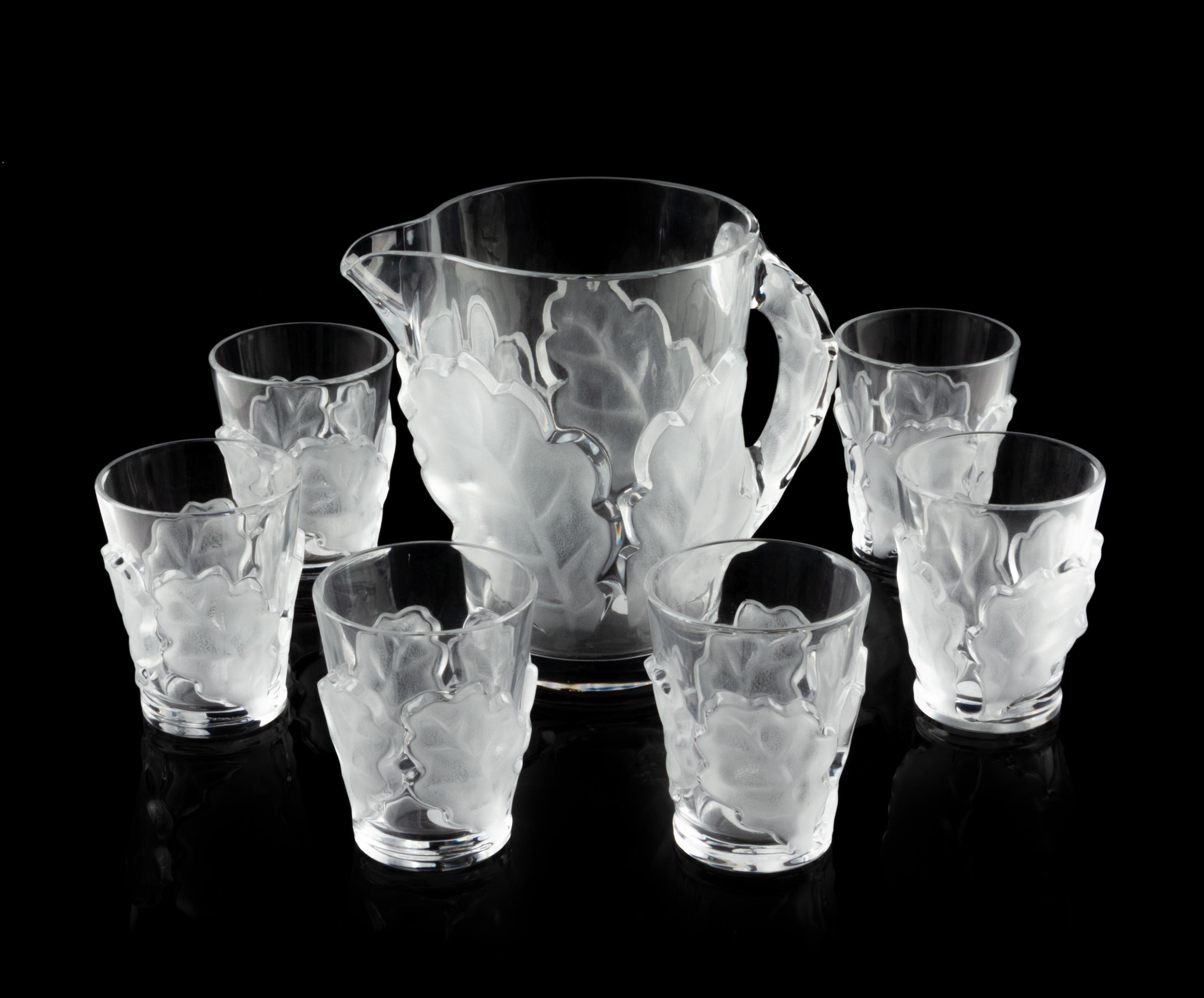 Lalique, France, Mid 20th Century, Chene Pitcher and Six Glasses