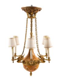 An Empire Style Gilt Metal and Simulated Marble Six-Light Chandelier