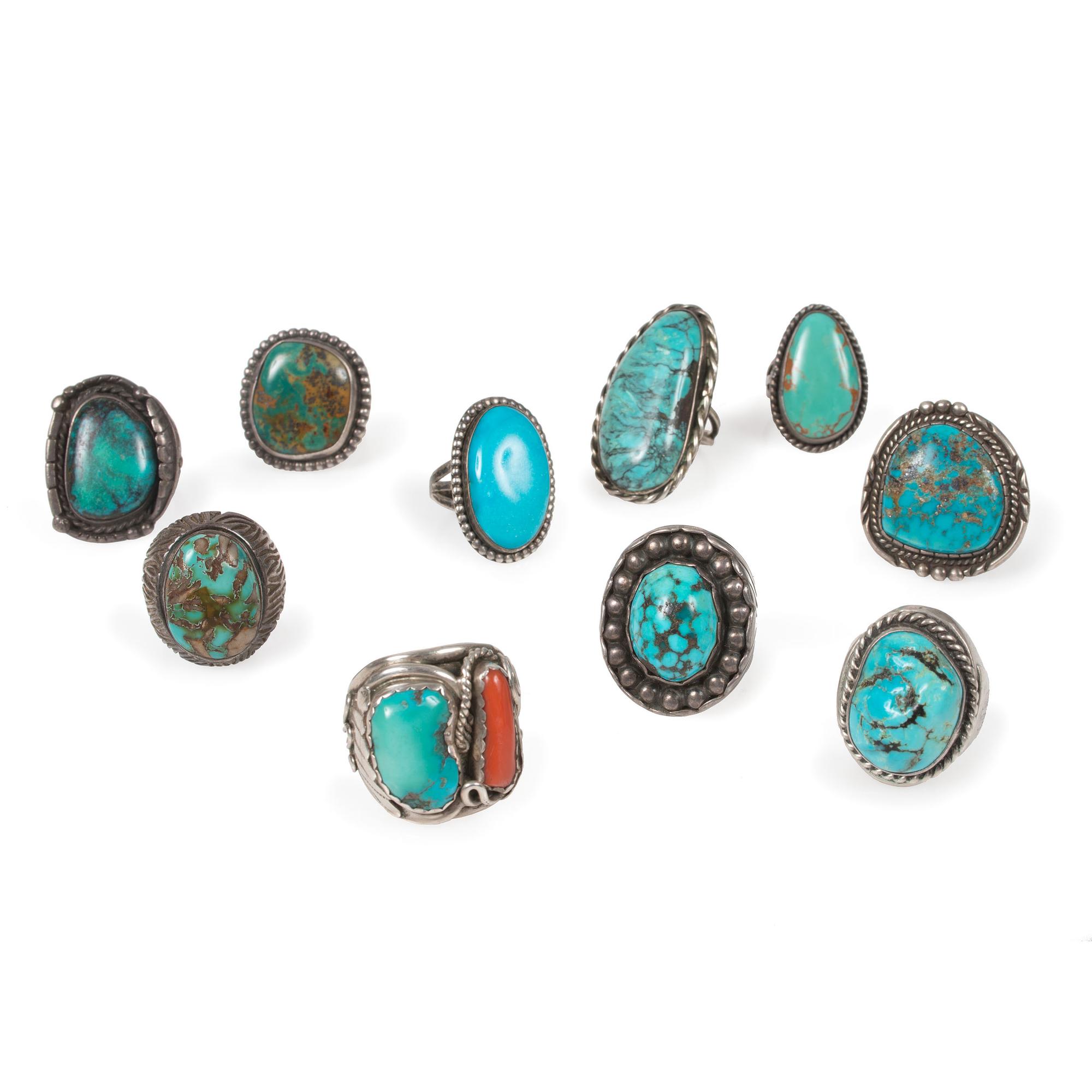 An Assortment of Navajo Silver and Turquoise Rings