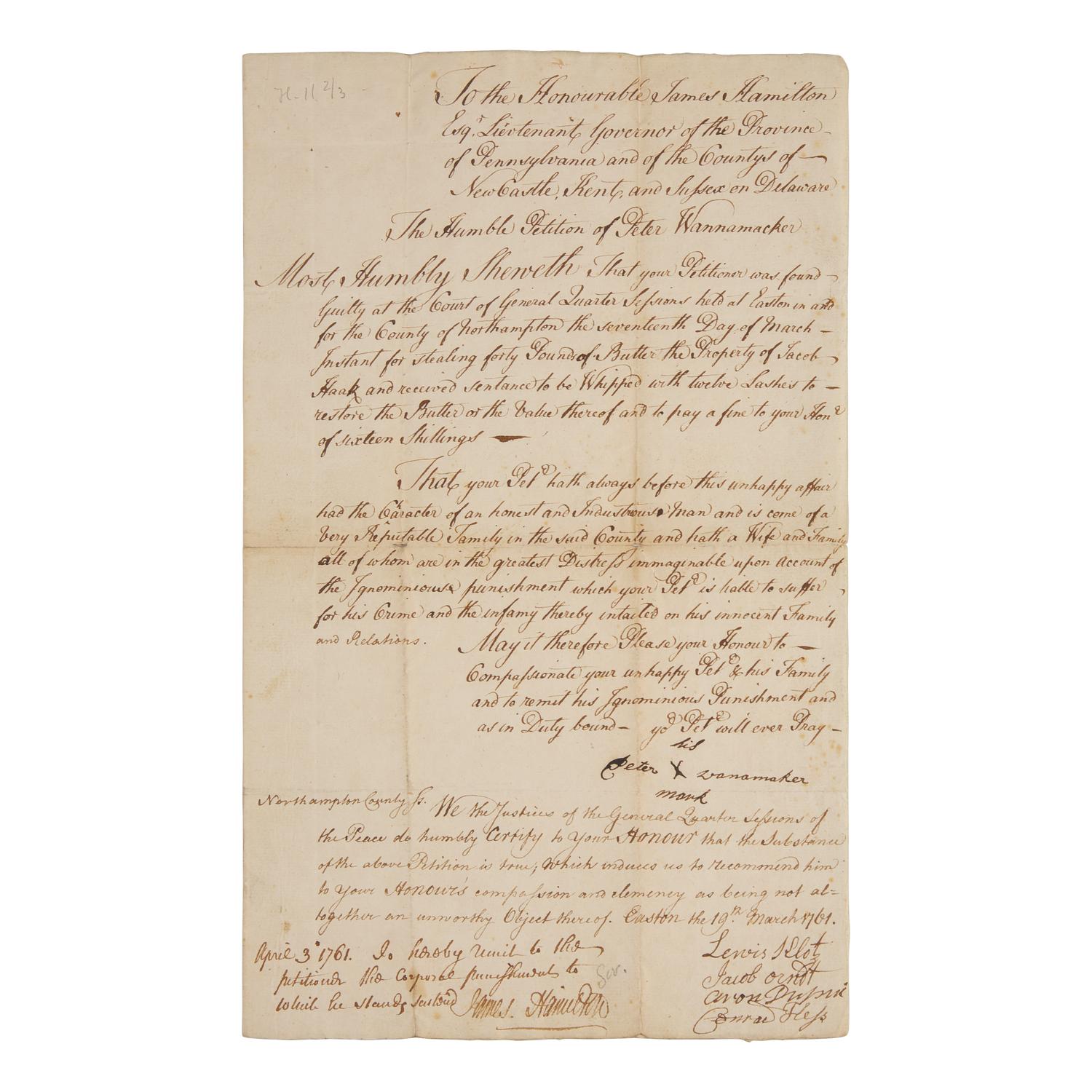 [Colonial America] Deputy Governor of Pennsylvania Province, James Hamilton, Grants Clemency to a Butter Thief, 1761