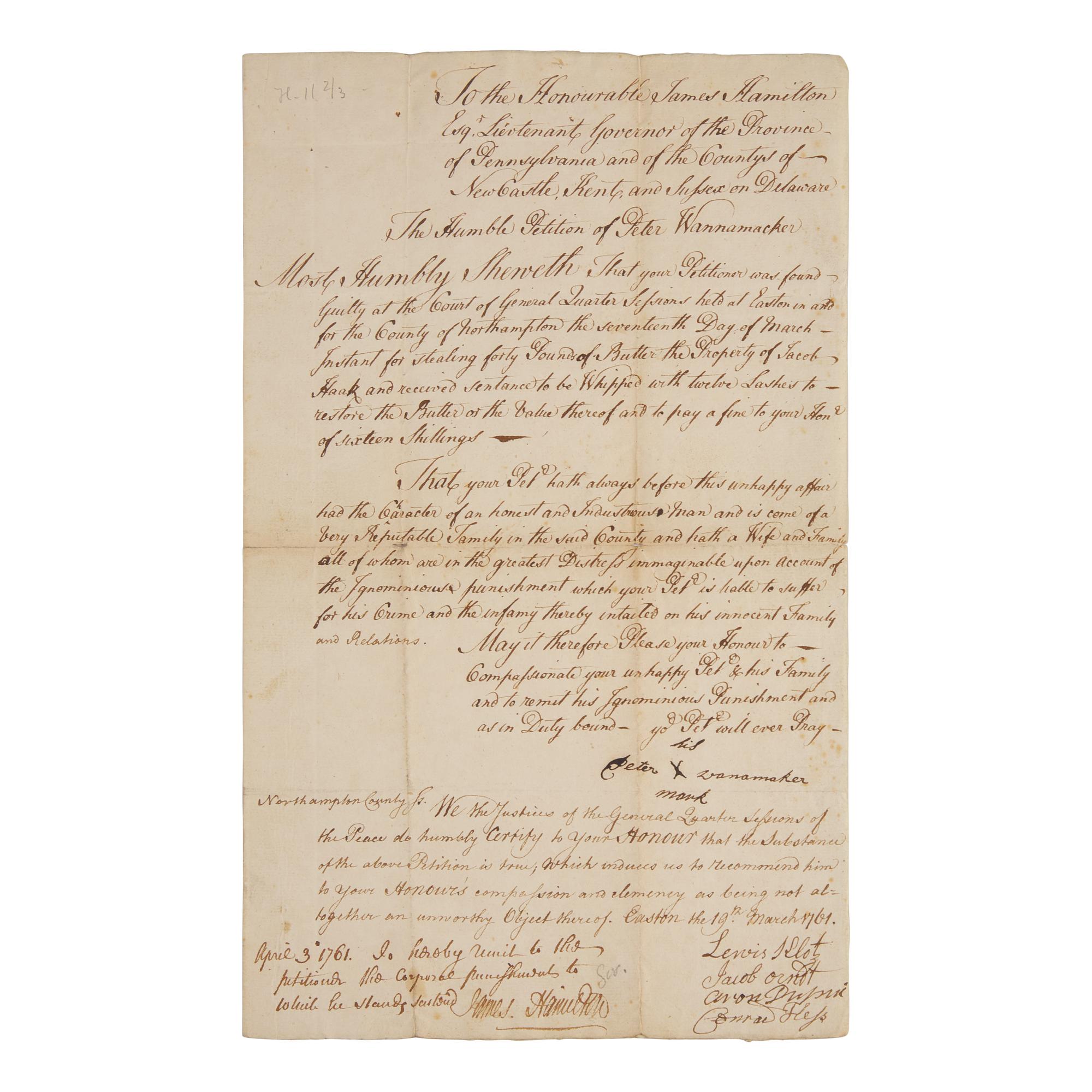 [Colonial America] Deputy Governor of Pennsylvania Province, James Hamilton, Grants Clemency to a Butter Thief, 1761