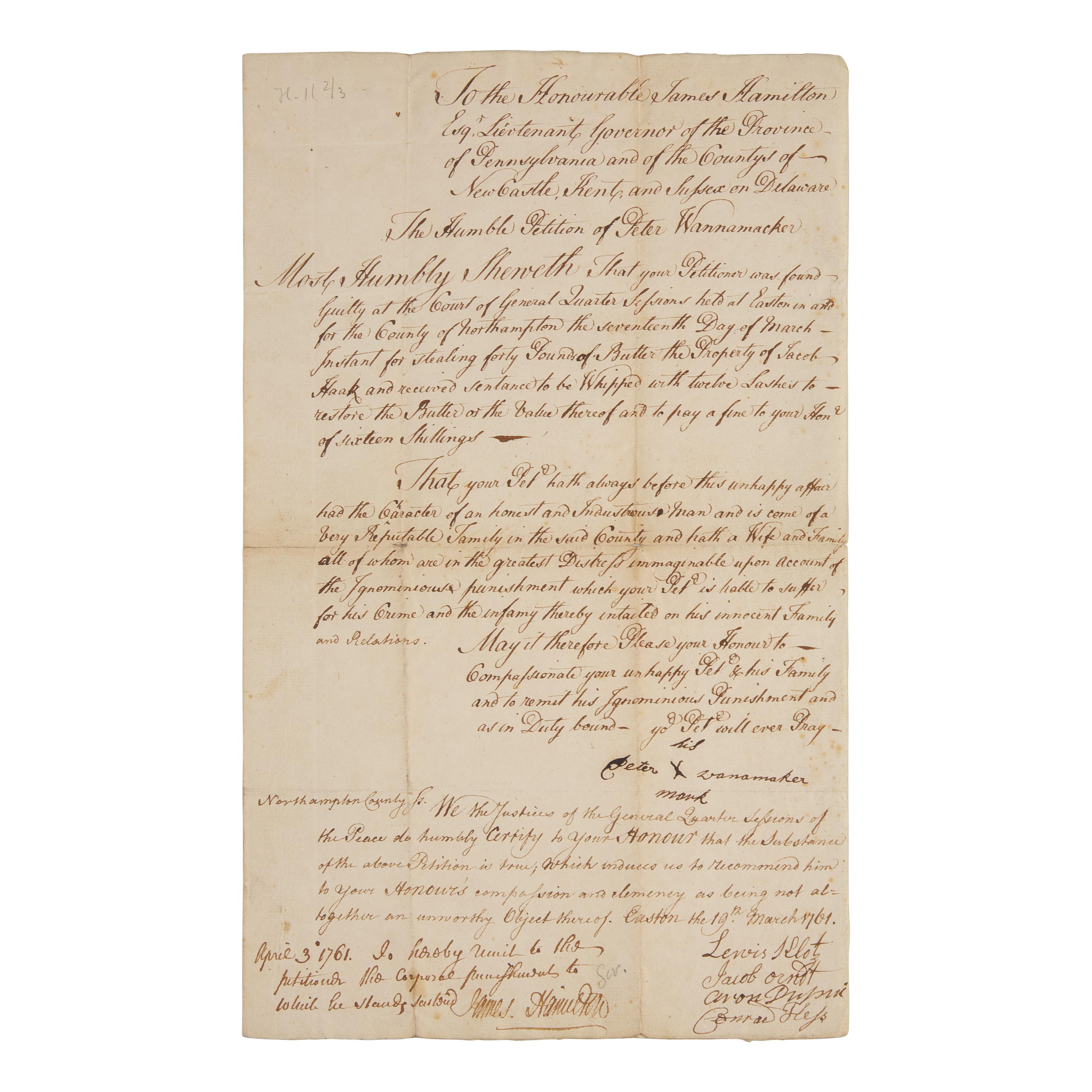 [Colonial America] Deputy Governor of Pennsylvania Province, James Hamilton, Grants Clemency to a Butter Thief, 1761