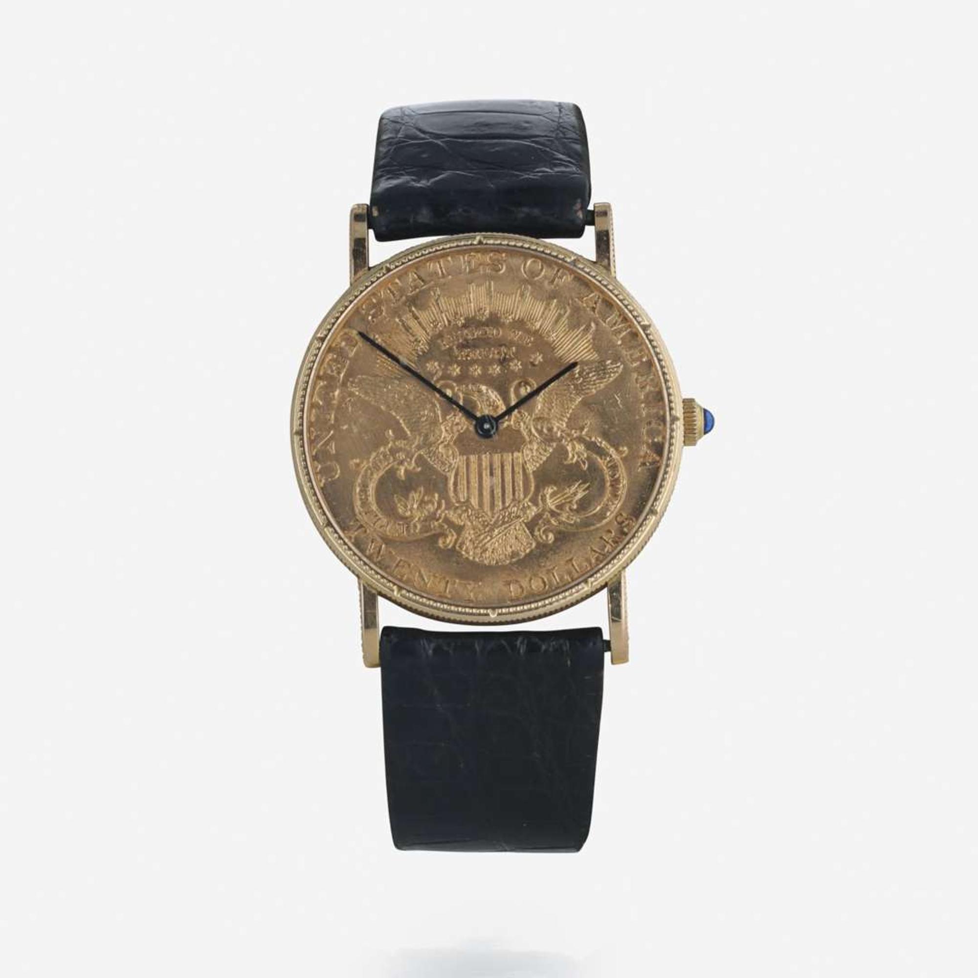An 18K yellow gold 1879 $20 coin strap watch, Corum