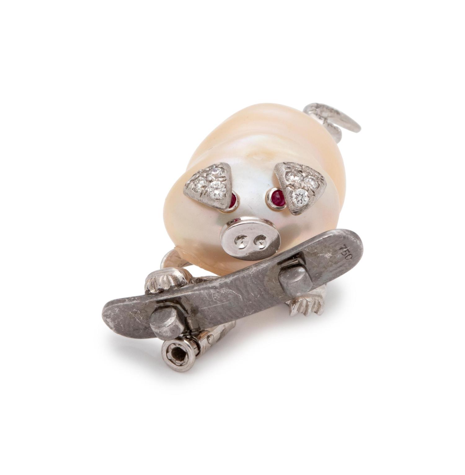 CULTURED BAROQUE PEARL, DIAMOND AND RUBY PIG BROOCH