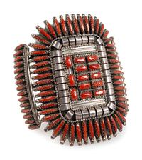 Zuni Sterling Silver and Coral Cluster Cuff Bracelet
