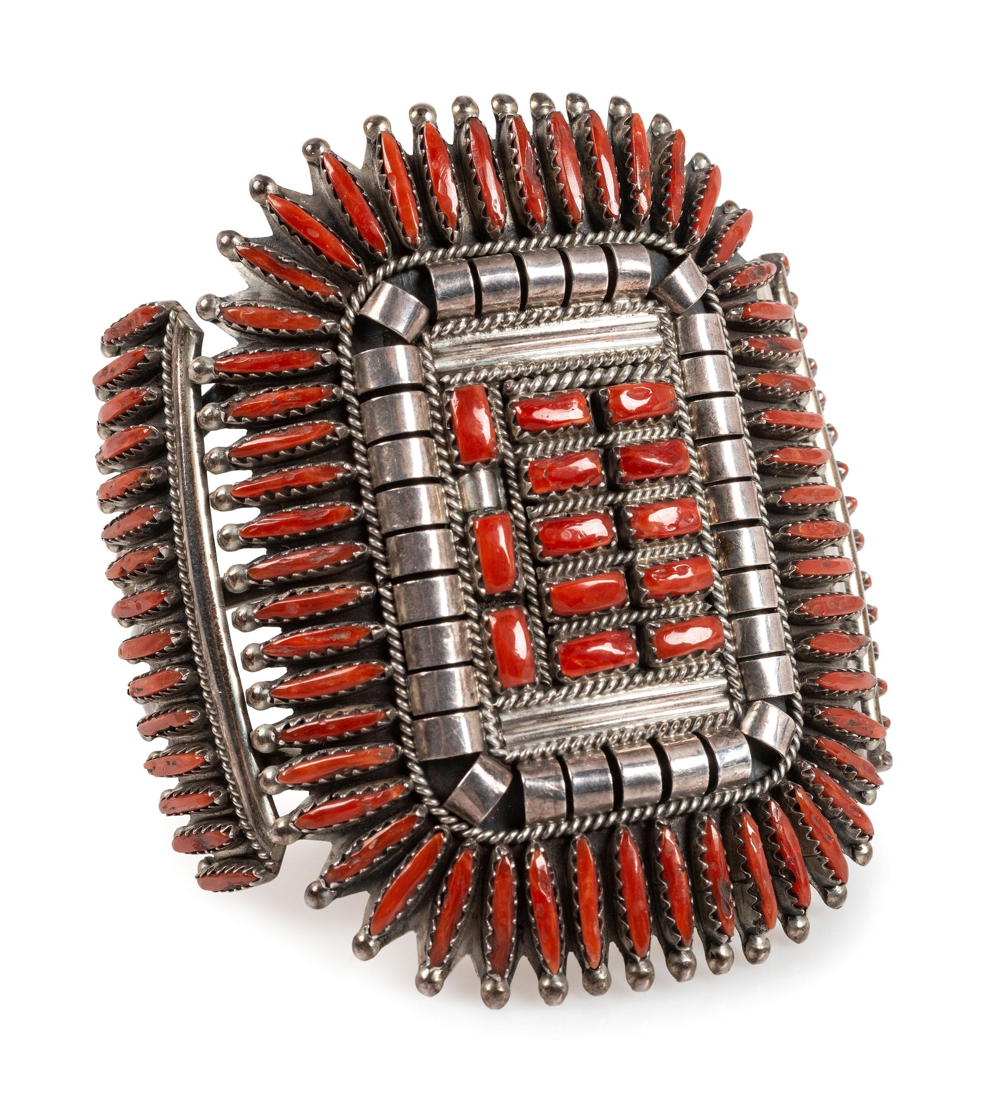 Zuni Sterling Silver and Coral Cluster Cuff Bracelet