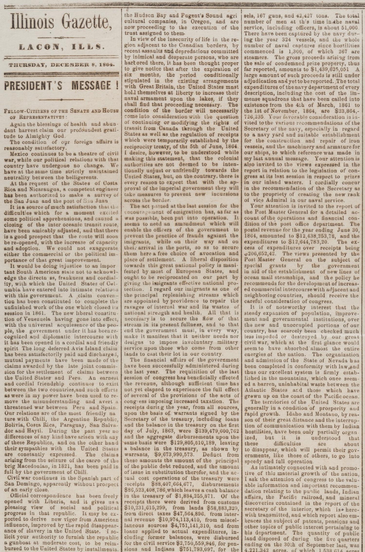 LINCOLN, Abraham (1809-1865). Illinois Gazette . Lacon, IL, 8 December 1864.