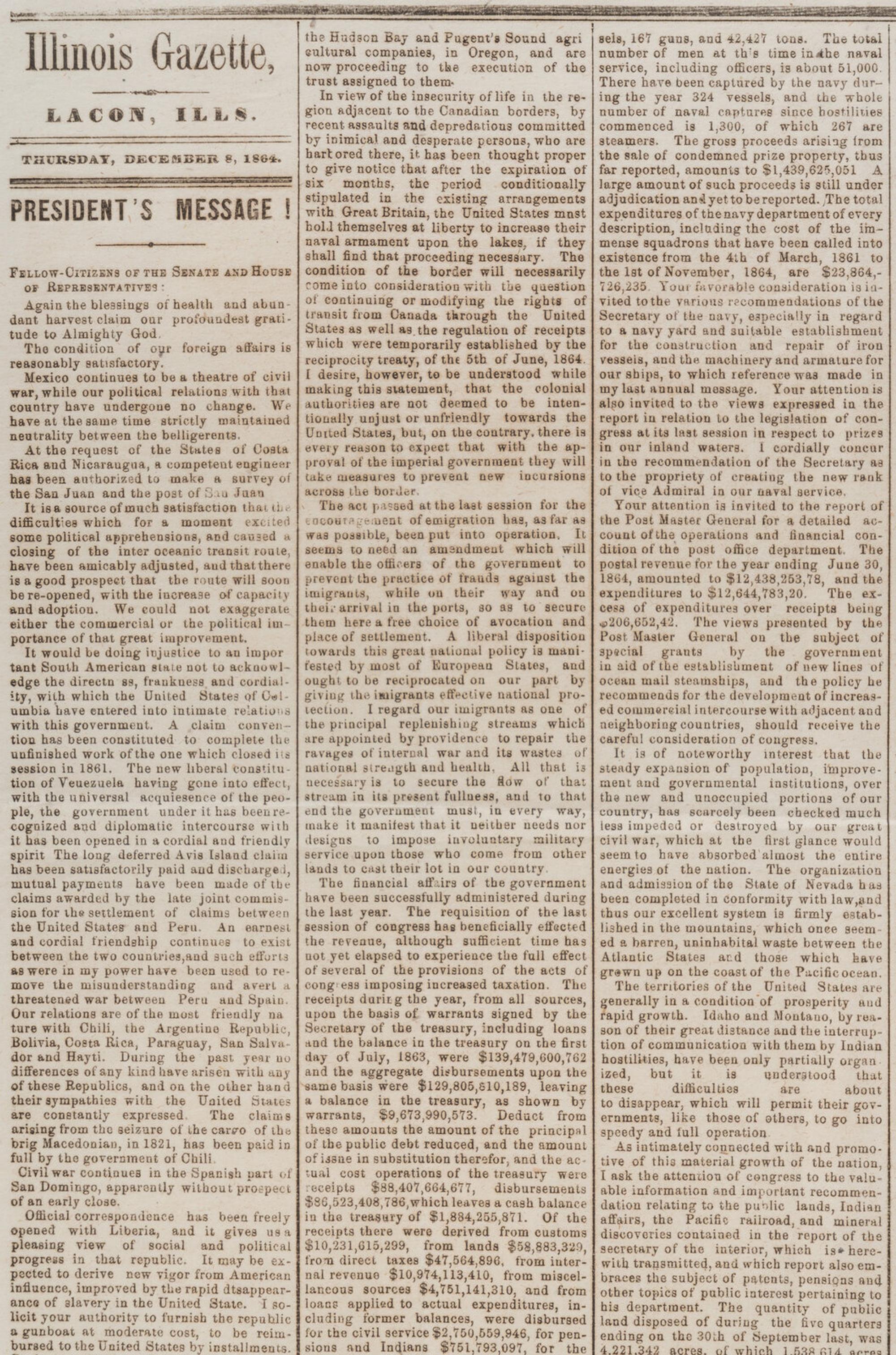 LINCOLN, Abraham (1809-1865). Illinois Gazette . Lacon, IL, 8 December 1864.