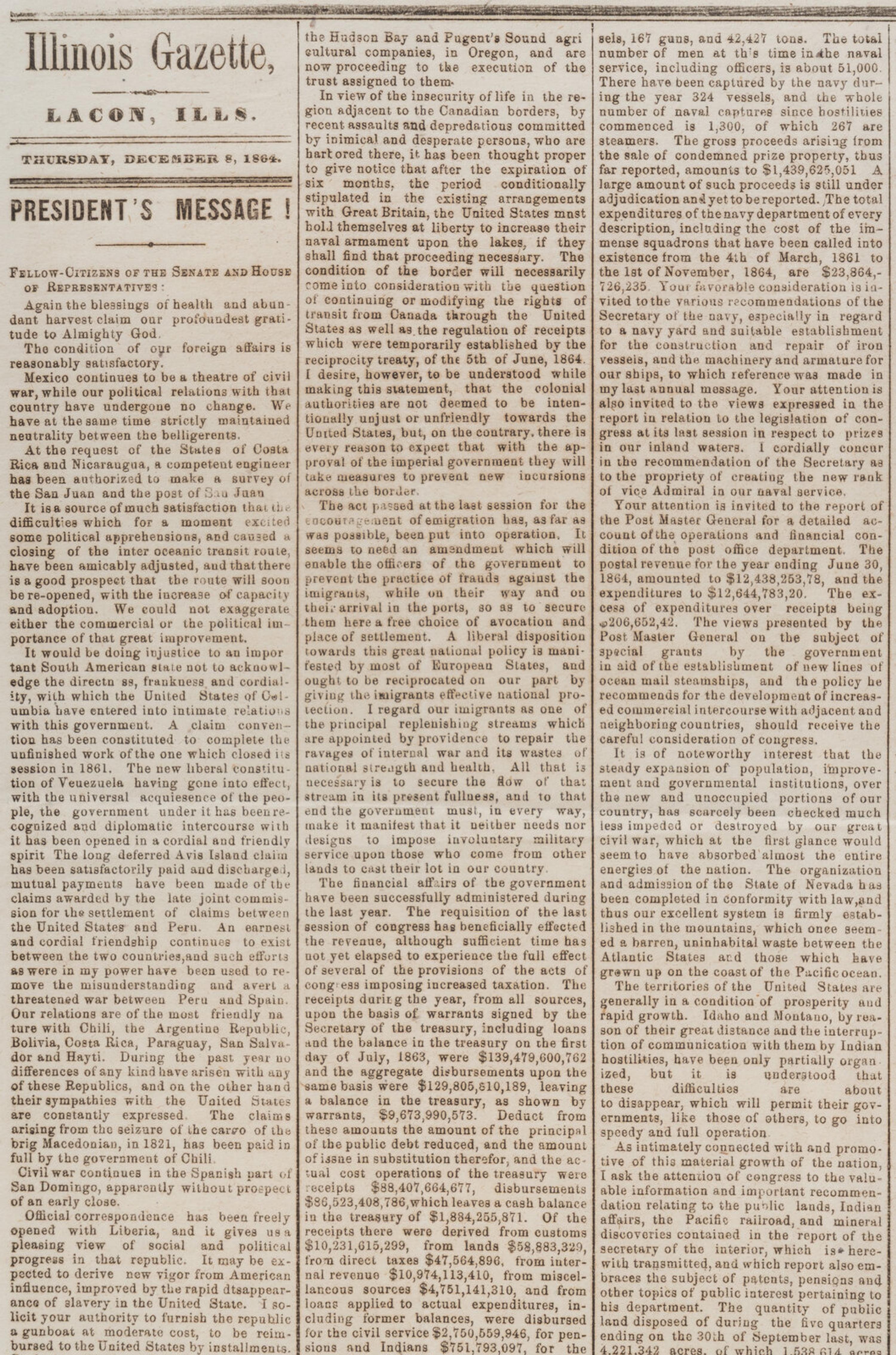 LINCOLN, Abraham (1809-1865). Illinois Gazette . Lacon, IL, 8 December 1864.