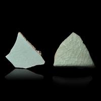 Two Chinese Celadon Glazed Ceramic Fragments, Song Dynasty — 宋 汝窯及官窯帶支釘瓷片兩枚