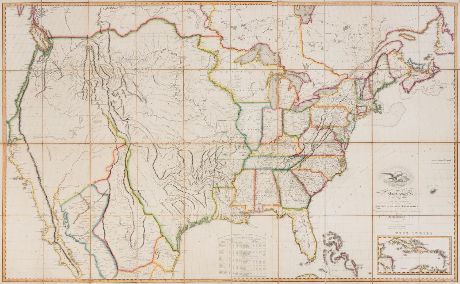 MELISH, John (1771-1822). Map of the United States....Entered...the 6th day of June, 1816...Improved to the 1st of January, 1818. Phila