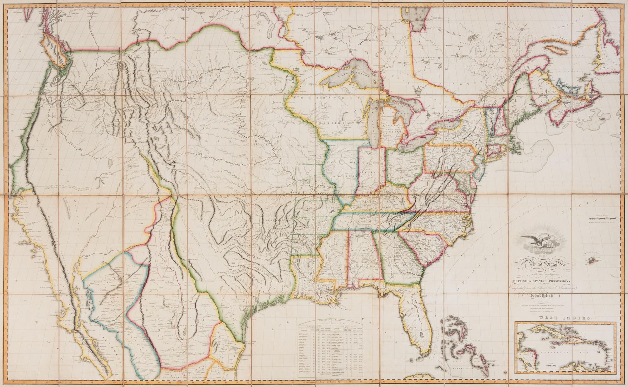 MELISH, John (1771-1822). Map of the United States....Entered...the 6th day of June, 1816...Improved to the 1st of January, 1818. Phila