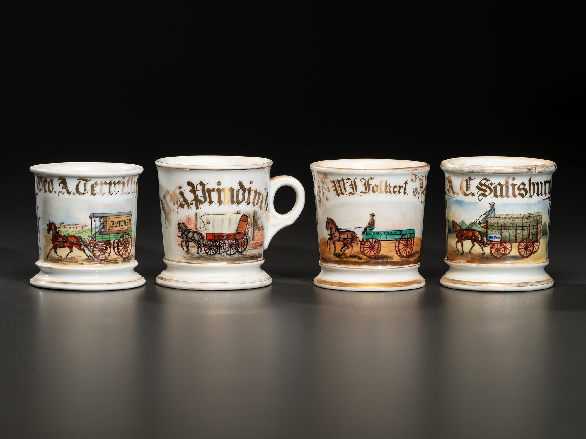 Four Porcelain Occupational Shaving Mugs Depicting Horse-Drawn Wagons