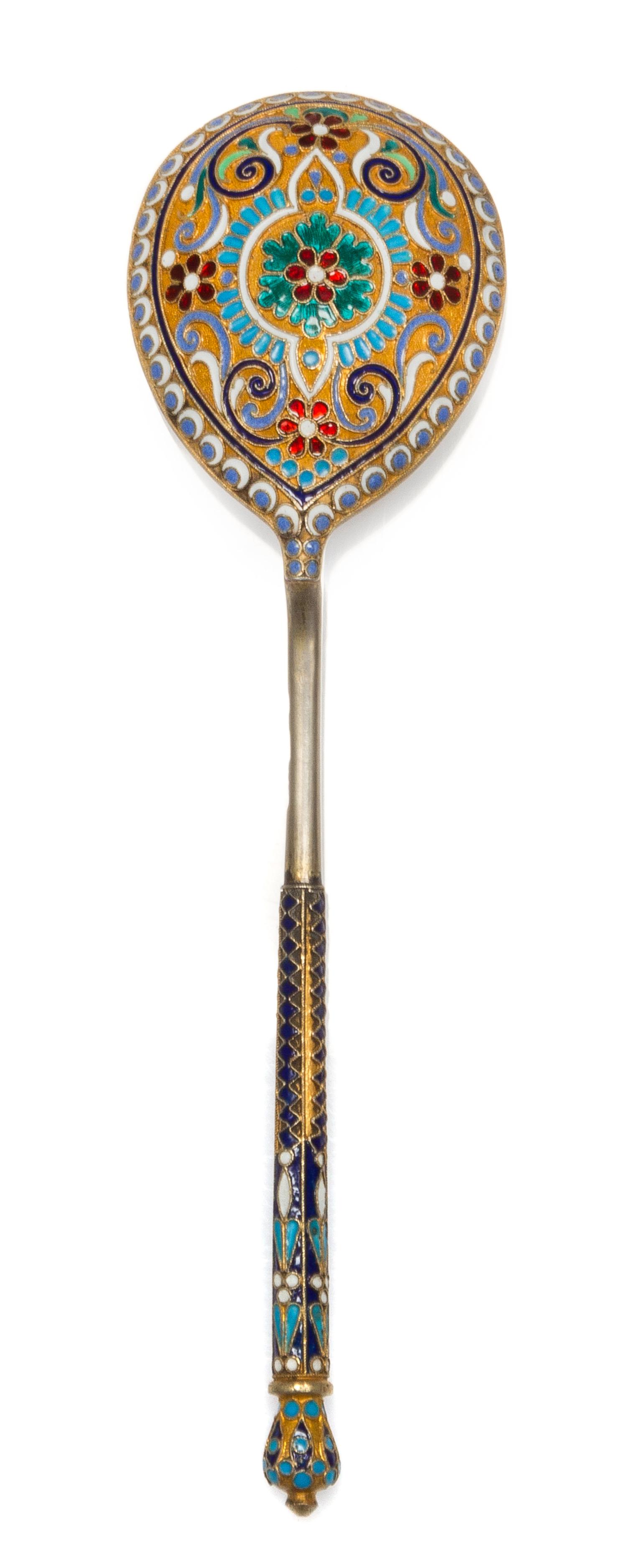 A Russian Silver-Gilt and Enamel Spoon, Mark of Ashmarin Marteevich, assay mark of Anatoly Artsybashev, Moscow, 1894, having a blue ena