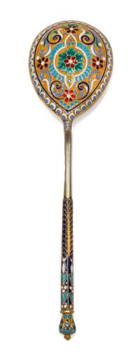 A Russian Silver-Gilt and Enamel Spoon, Mark of Ashmarin Marteevich, assay mark of Anatoly Artsybashev, Moscow, 1894, having a blue ena