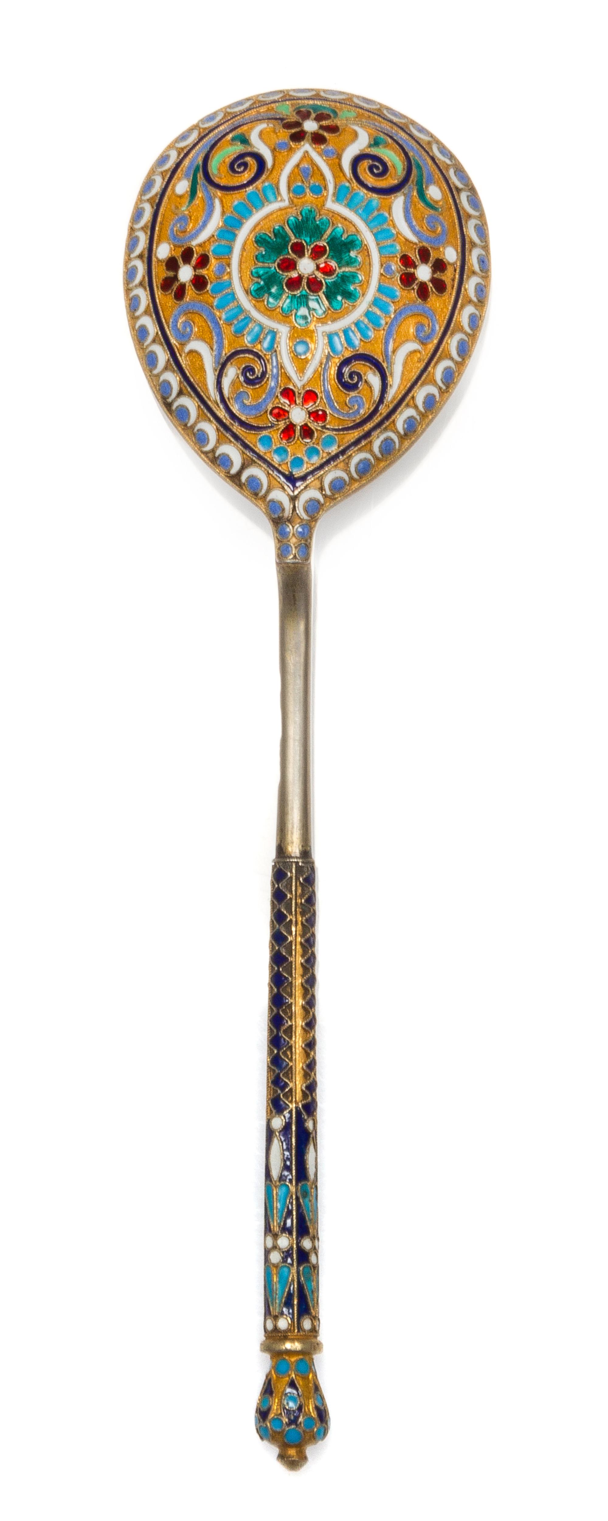 A Russian Silver-Gilt and Enamel Spoon, Mark of Ashmarin Marteevich, assay mark of Anatoly Artsybashev, Moscow, 1894, having a blue ena