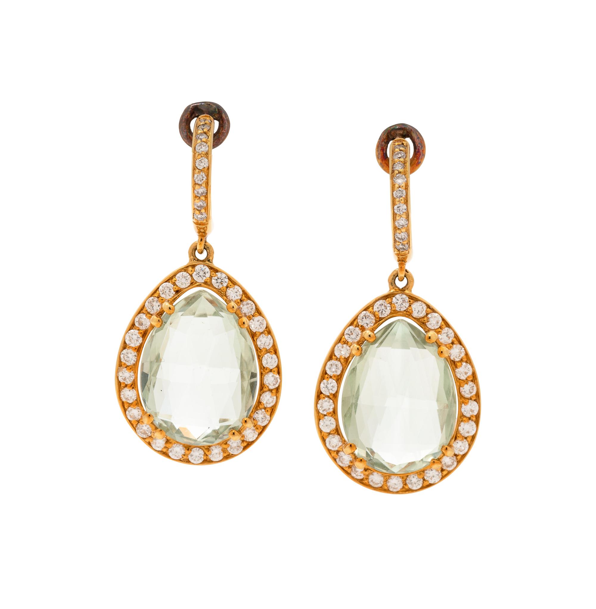 GREEN QUARTZ AND DIAMOND EARCLIPS