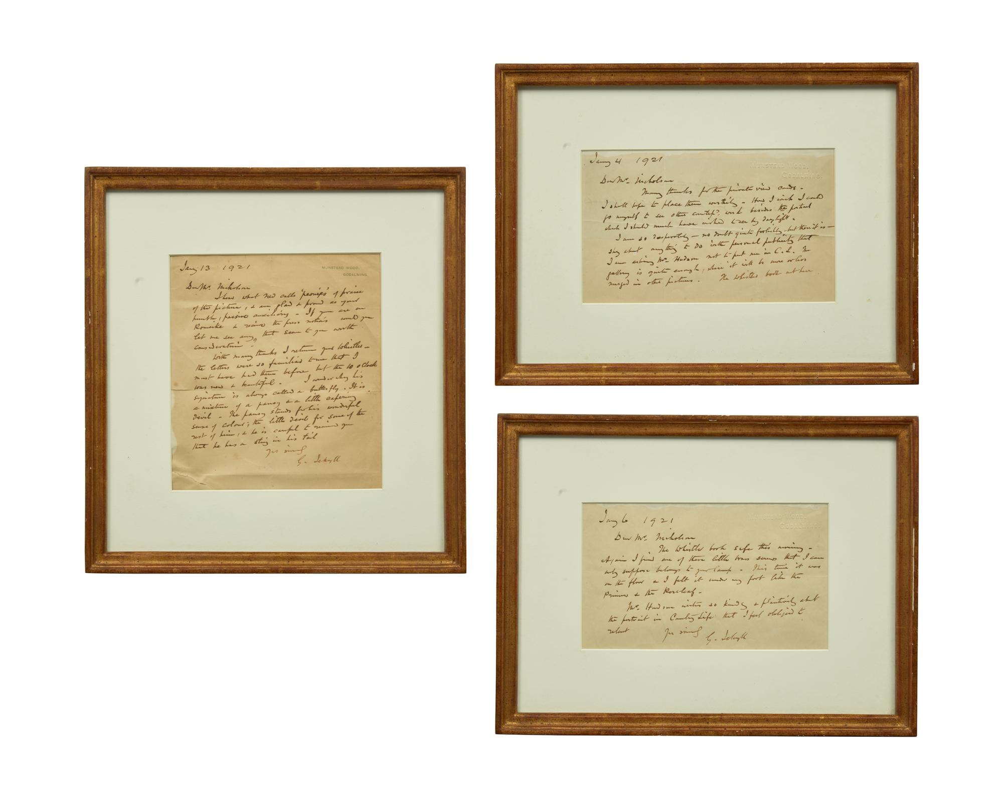 [Gardening] Jekyll, Gertrude. Group of Three Autograph Letters, signed, to artist William Nicholson