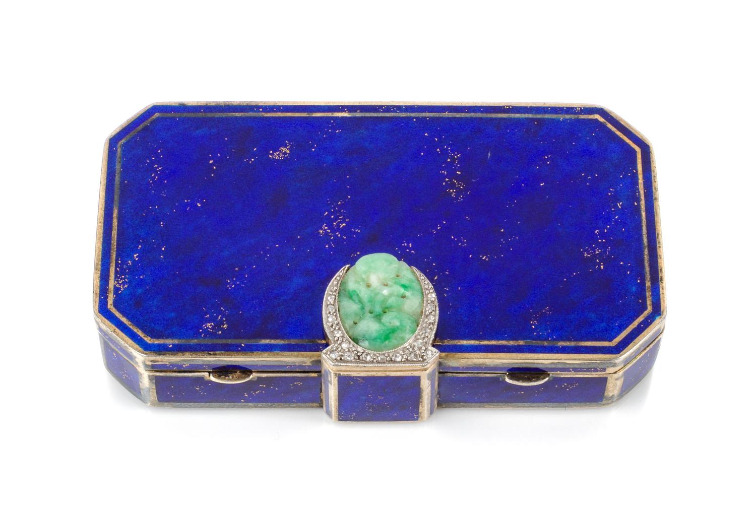 A French Art Deco Enameled Silver, Diamond and Hardstone Inset Compact