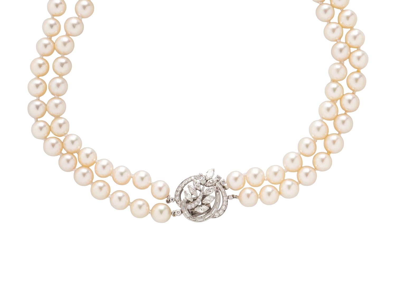 DOUBLE STRAND CULTURED PEARL AND DIAMOND NECKLACE