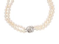 DOUBLE STRAND CULTURED PEARL AND DIAMOND NECKLACE