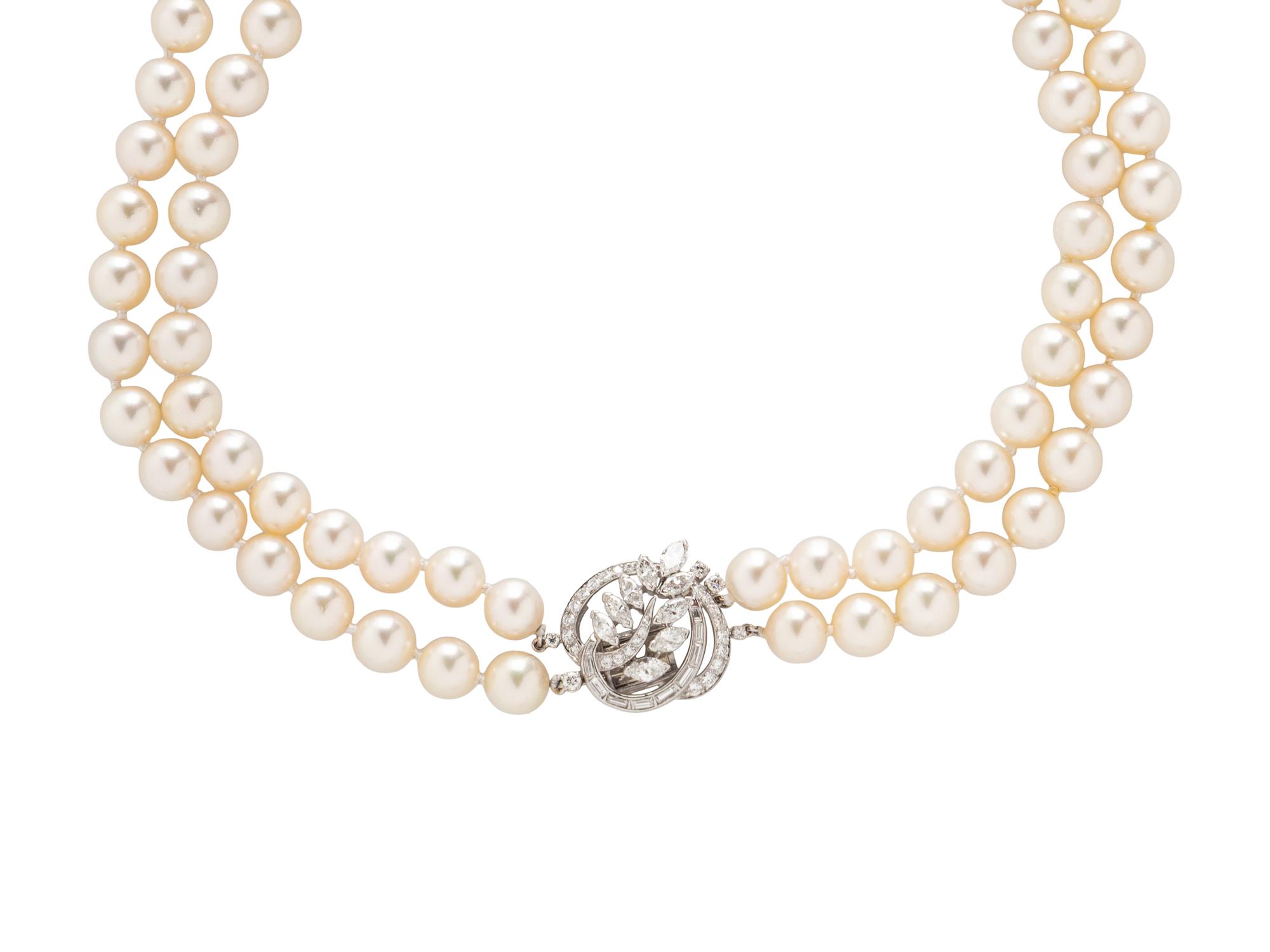 DOUBLE STRAND CULTURED PEARL AND DIAMOND NECKLACE