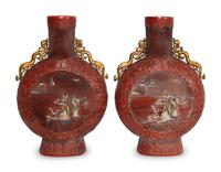 A Pair of Large Chinese Red Lacquer Bottle-Form and Hardstone Applique Vases