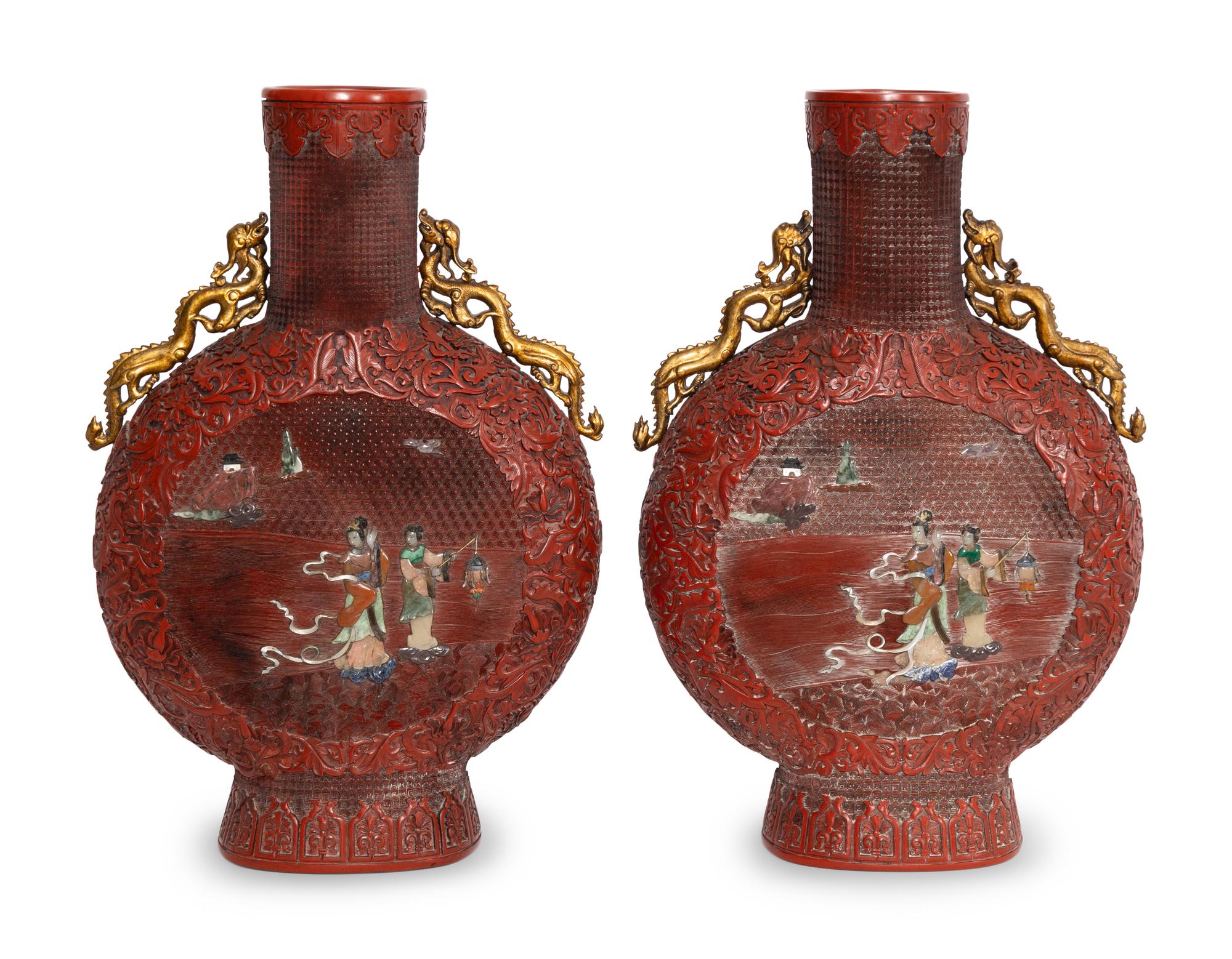 A Pair of Large Chinese Red Lacquer Bottle-Form and Hardstone Applique Vases