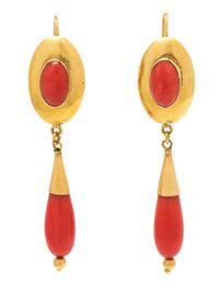 A Pair of 18 Karat Yellow Gold and Coral Pendant Earrings, 4.20 dwts.
