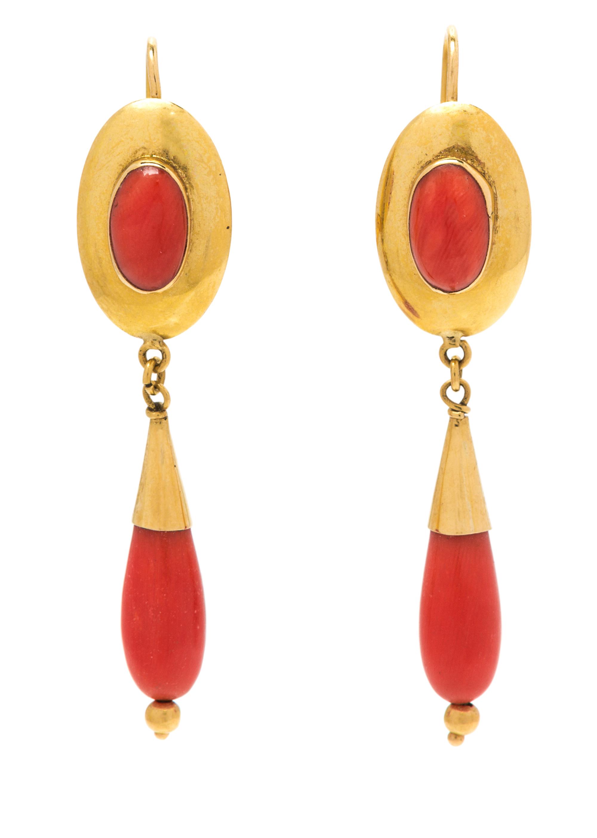A Pair of 18 Karat Yellow Gold and Coral Pendant Earrings, 4.20 dwts.