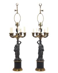 A Pair of Neoclassical Figural Table Lamps, Height overall 43 inches.