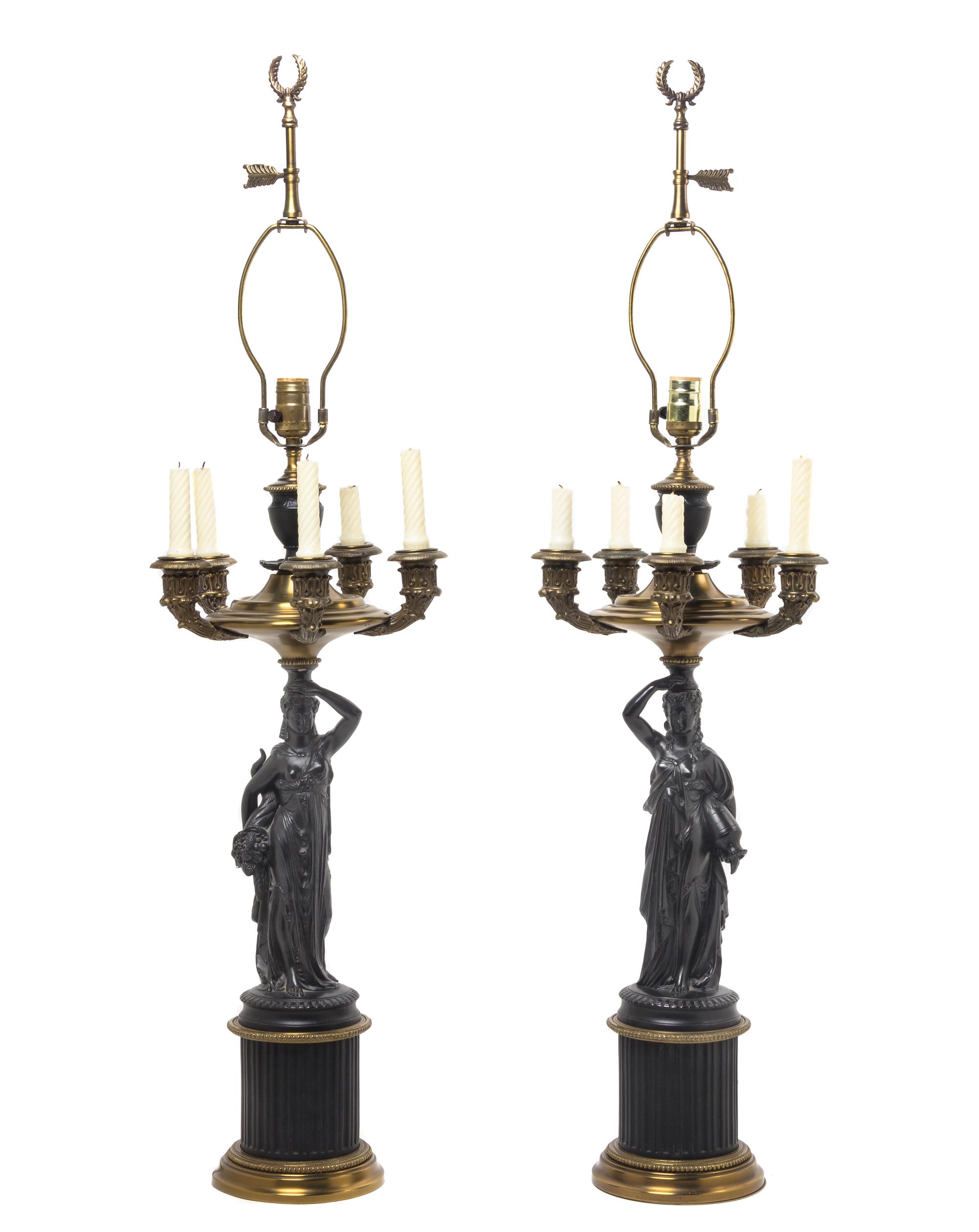 A Pair of Neoclassical Figural Table Lamps, Height overall 43 inches.