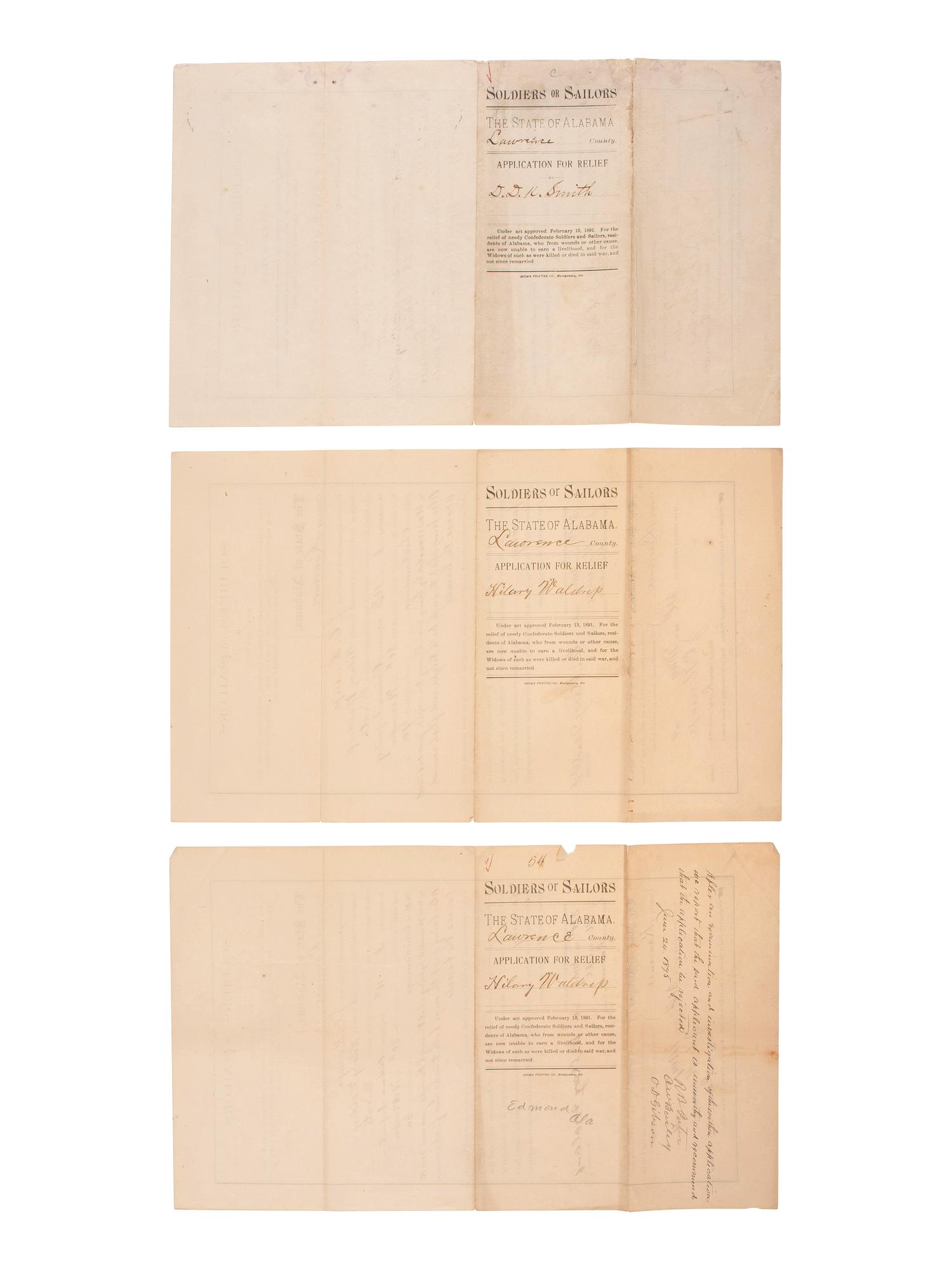 [CONFEDERATE VETERANS]. A group of pension and relief applications by Confederate veterans who were wounded in action during the Civil War, comprising: