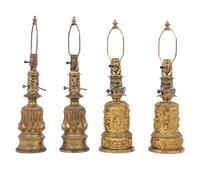 Two Pairs of French Gilt Metal Fluid Lamps Converted to Electricity