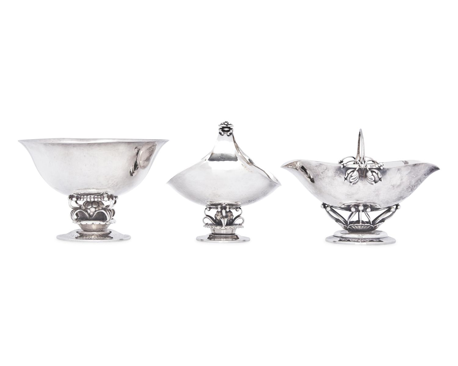 A Georg Jensen Silver Bowl and Two Sugar Baskets
