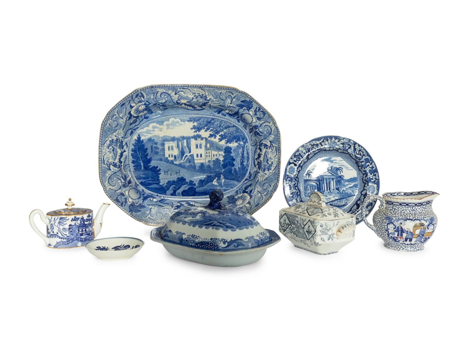 Three English Transferware Articles and a Worcester Porcelain Dish