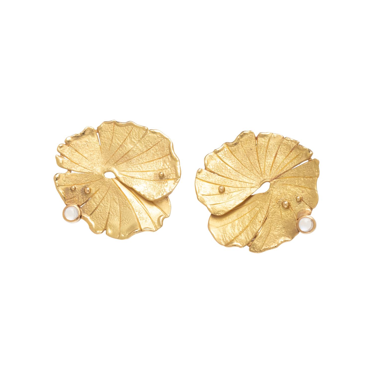 YELLOW GOLD AND MOONSTONE LILY PAD EARCLIPS