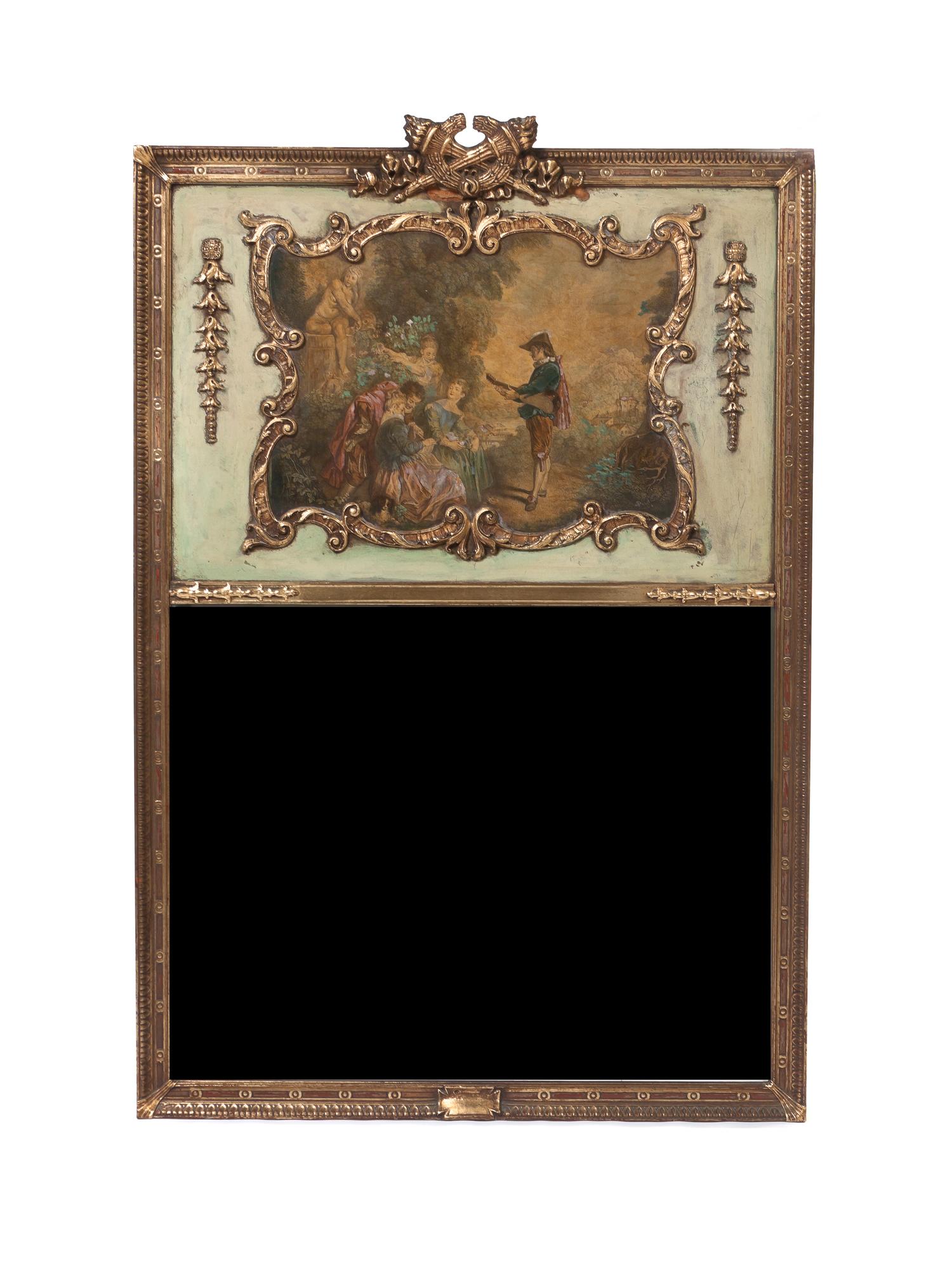 A Louis XVI Style Giltwood Trumeau Mirror, Height 43 3/4 x width 29 1/4 inches.