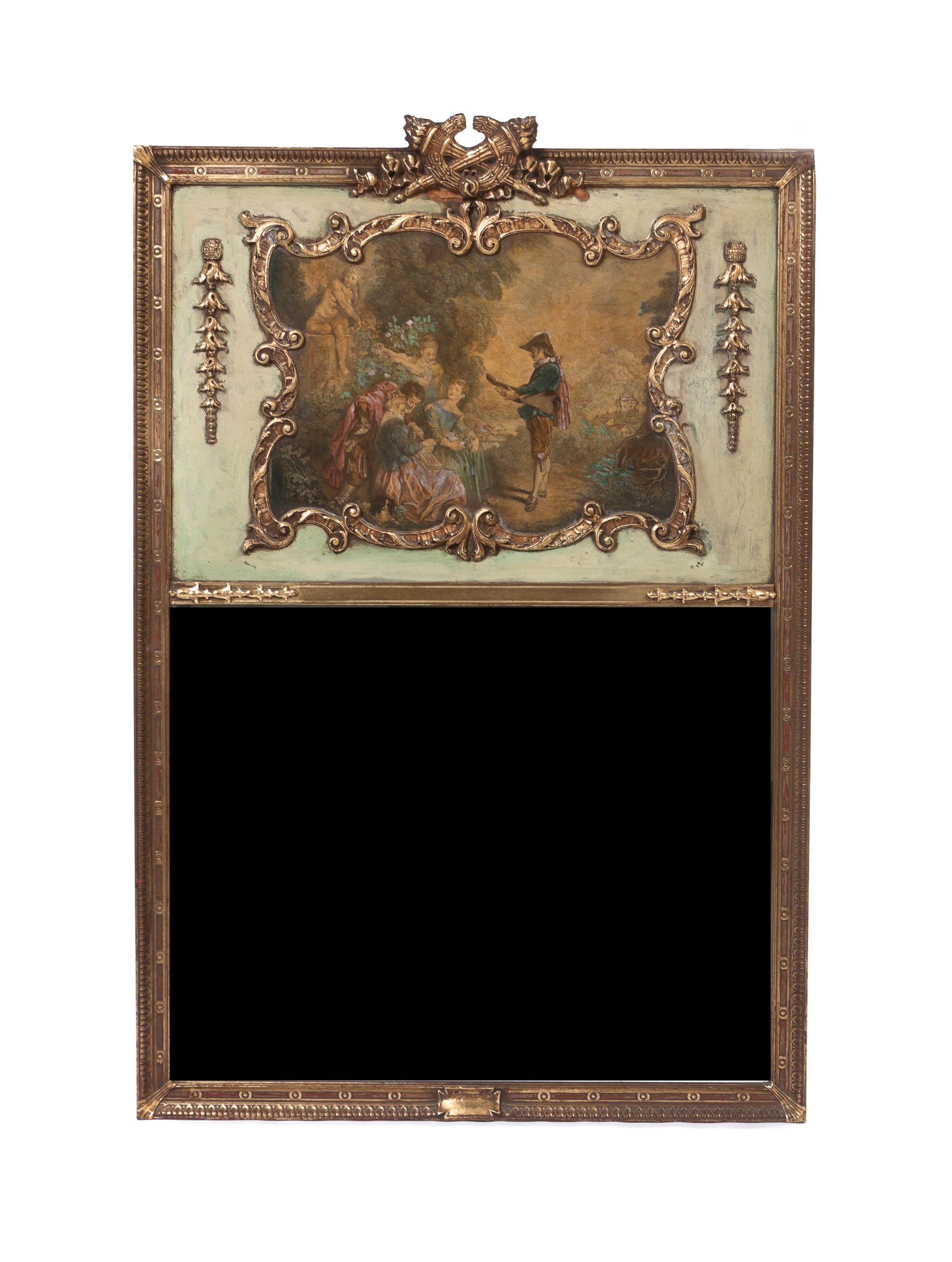 A Louis XVI Style Giltwood Trumeau Mirror, Height 43 3/4 x width 29 1/4 inches.