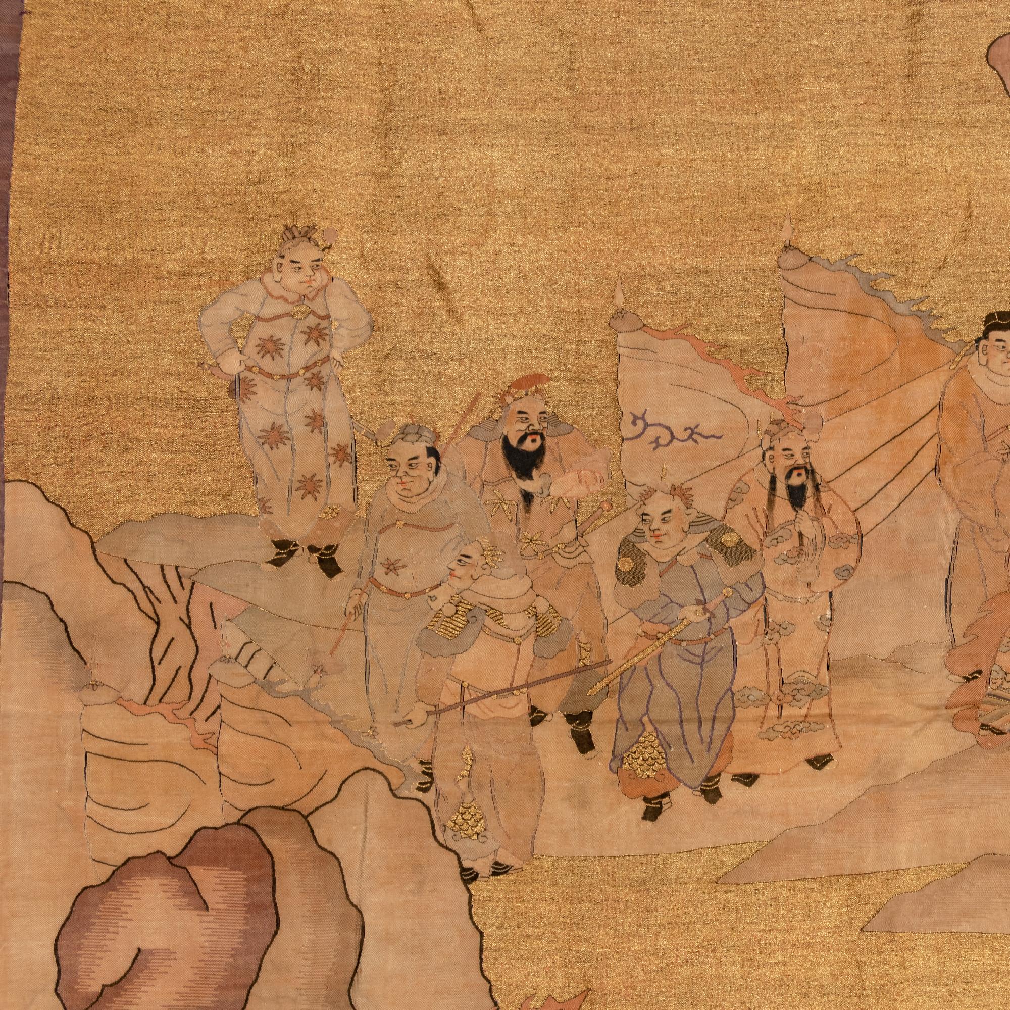 A Large Chinese Kesi 'Three Kingdom ' Silk Panel and Two Small Fragments, Late 19th Century 清晚期 金地緙絲三國故事圖挂賬及人物故事圖兩幅