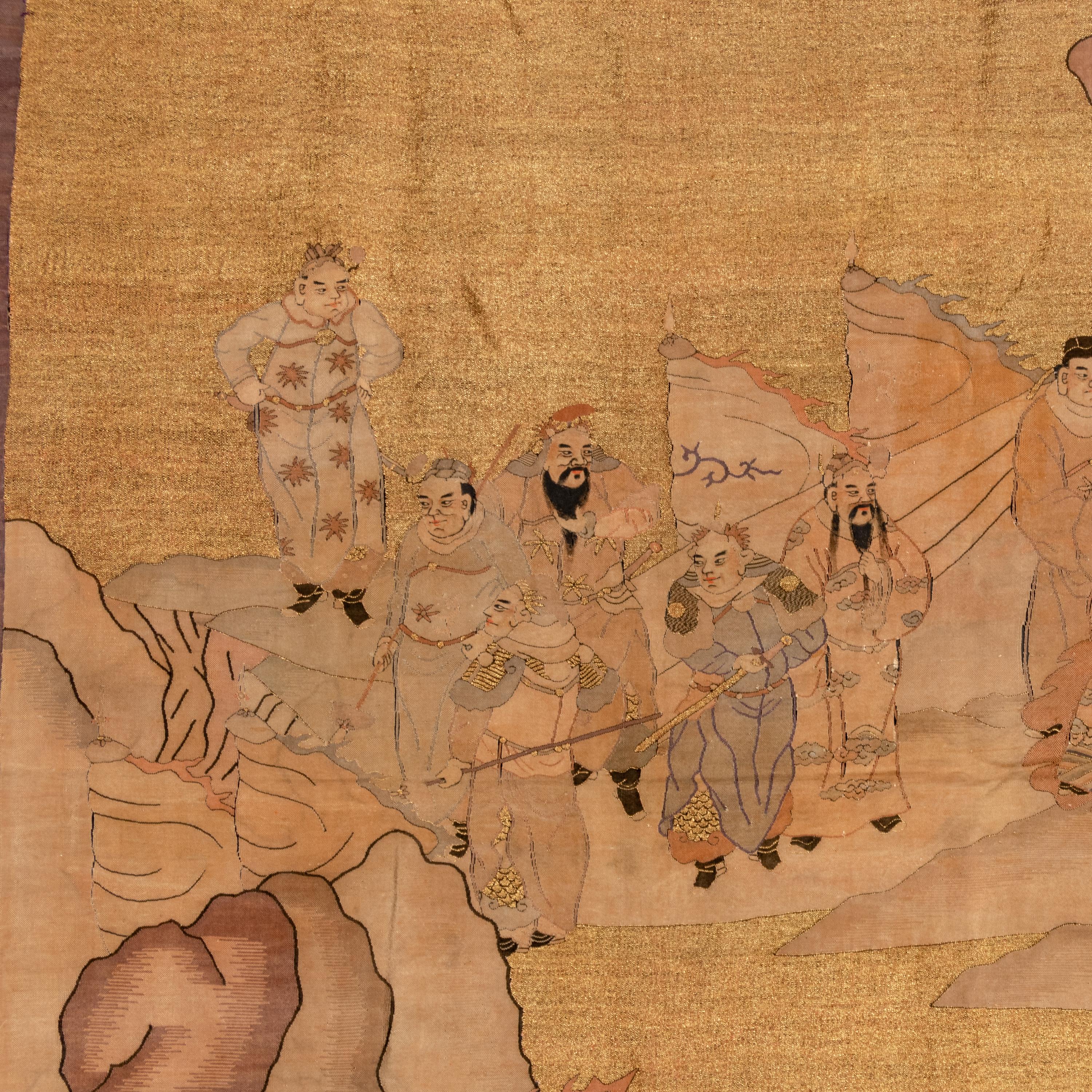 A Large Chinese Kesi 'Three Kingdom ' Silk Panel and Two Small Fragments, Late 19th Century 清晚期 金地緙絲三國故事圖挂賬及人物故事圖兩幅